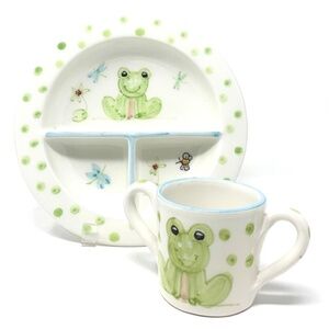 The Mane Lion Italian Ceramic Baby Frog Childrens Plate&Cup Dinnerware Set NIP
